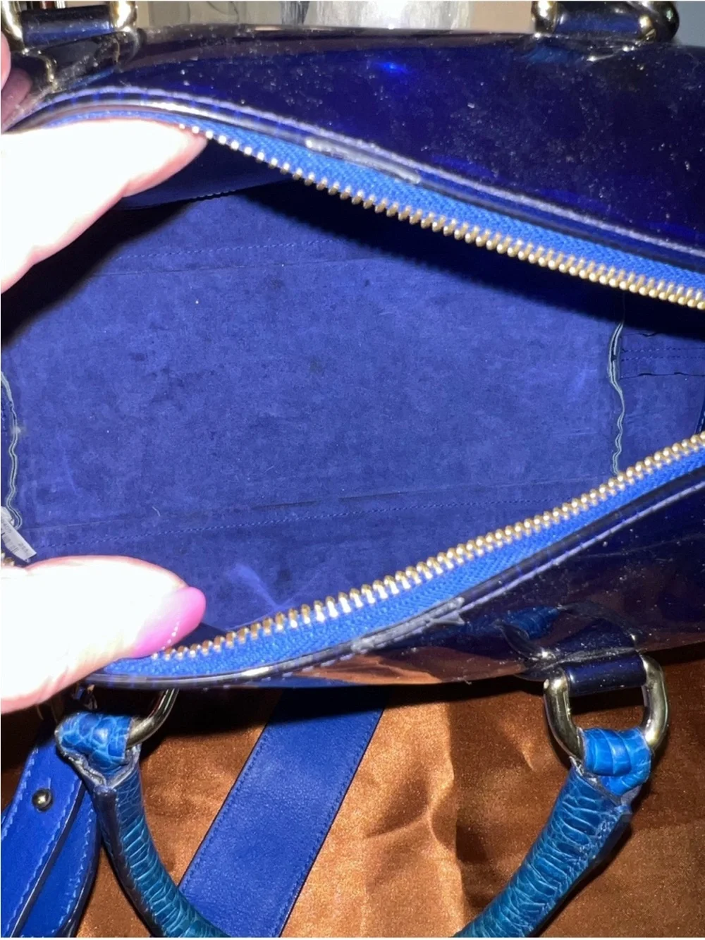 Furla Patent Dome Satchel in Deep Blue with Teal Trim